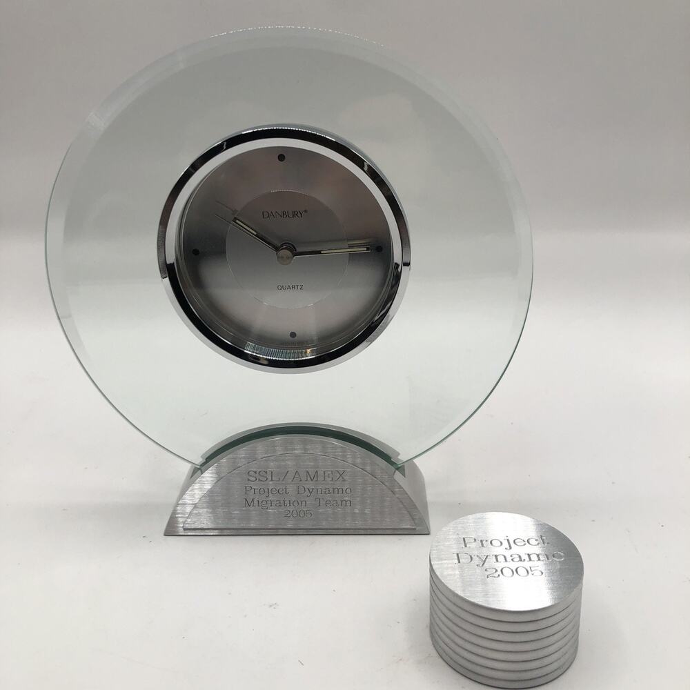 Danbury Glass Clock Quartz Things Remembered Art Deco Brushed Silver Base Custom